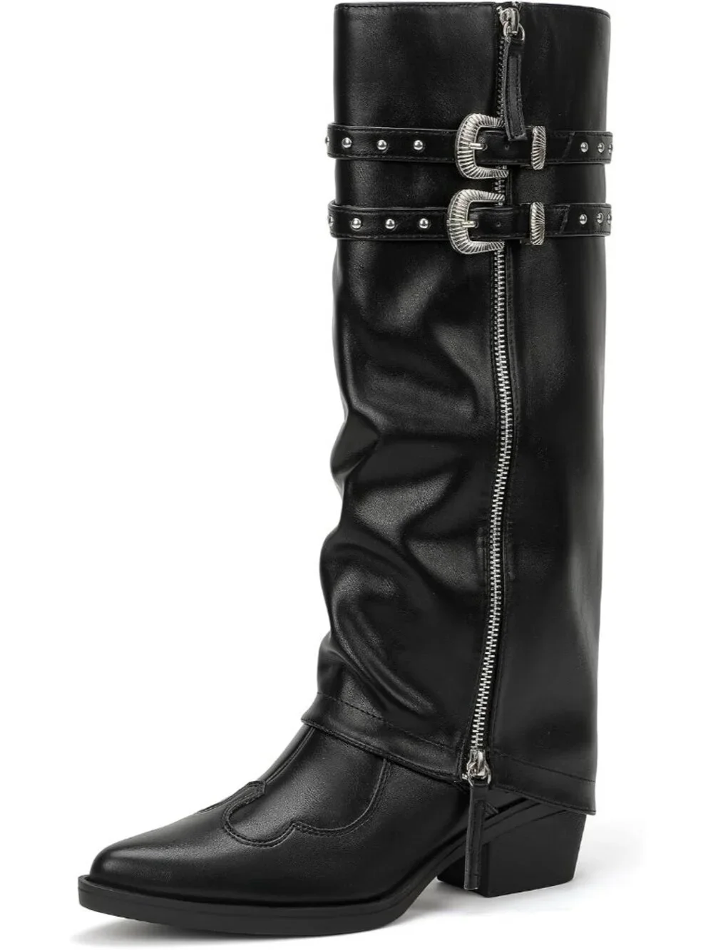 Women's Black pu Manmade Knee High Fold Over Studded Chunky Heel Shark Boots